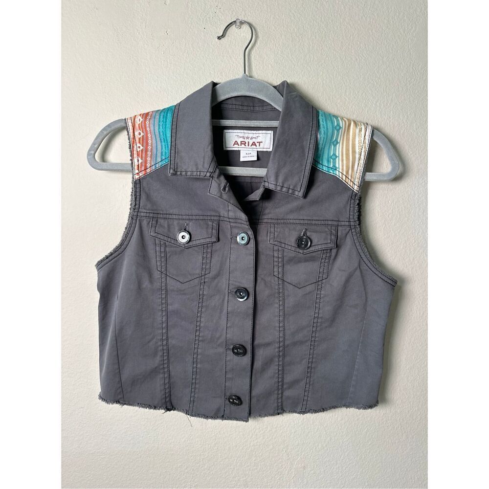 Ariat Women's Gray Denim Vest Aztec Western Print Sz Small